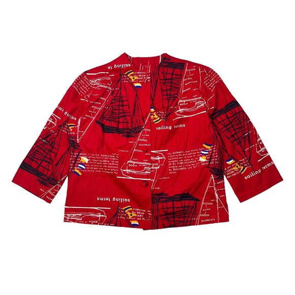 Vintage 1960s Sailing AOP Button Up Crewneck Jacket Top Union Made Red Womens 36 - Picture 1 of 7
